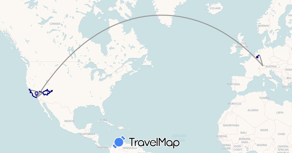 TravelMap itinerary: driving, bus, plane, hiking in Belgium, Switzerland, Germany, United States (Europe, North America)
