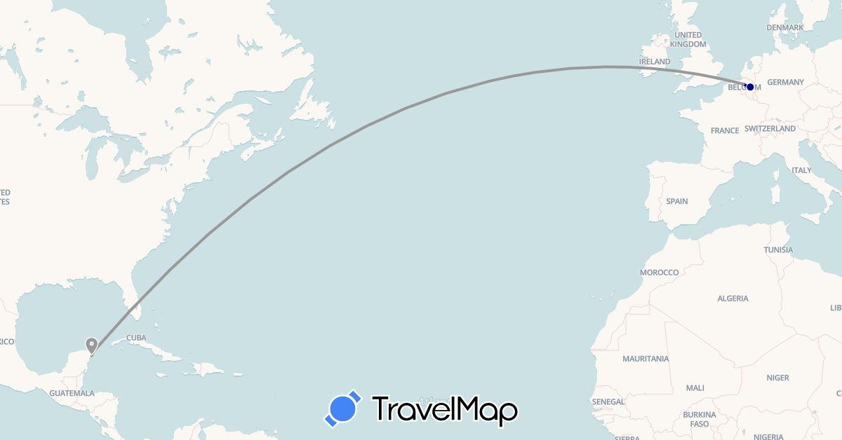 TravelMap itinerary: driving, plane in Belgium, Mexico (Europe, North America)